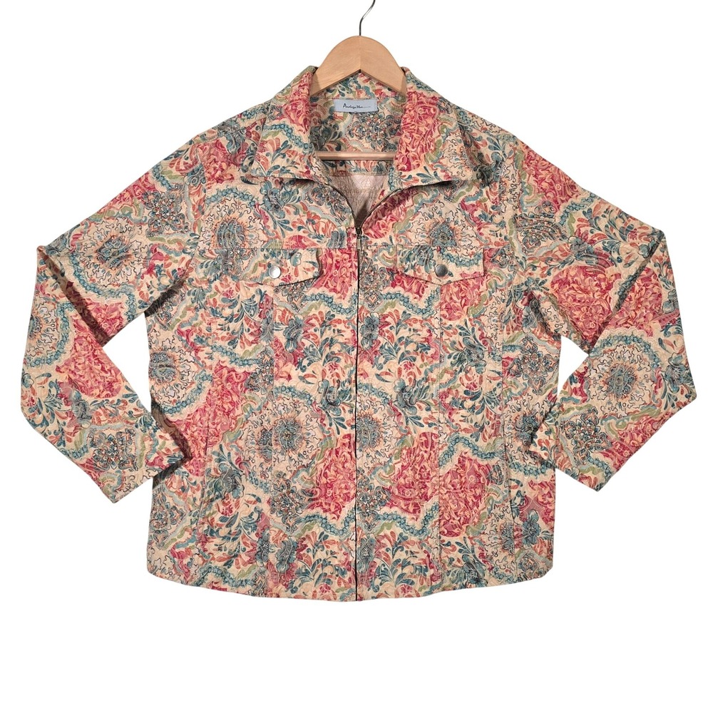 Analogy Plus Womens Floral Zip Up Textured Jacket Size XL Bloomcore Pockets READ
